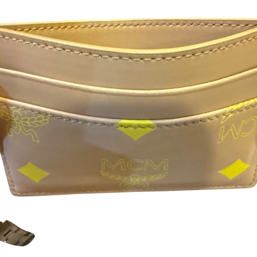 MCM Beige and Neon Yellow Leather Card Holder